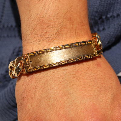 14K Gold Chino Link Bracelet with ID greek boarder