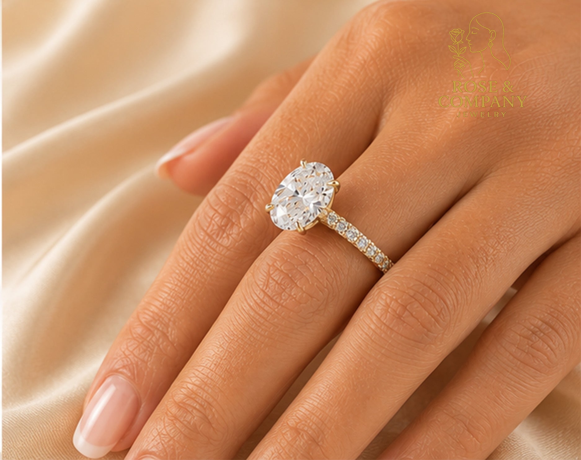 14K Gold Oval with Hidden Halo and Diamond Prongs