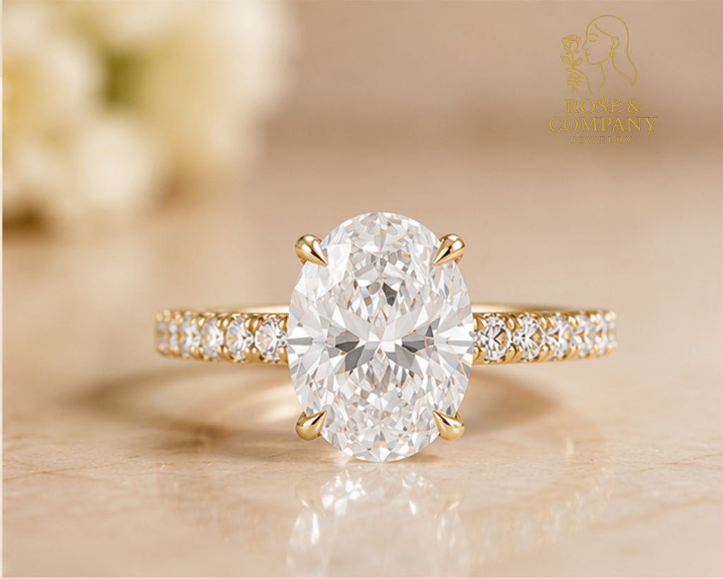 14K Gold Oval with Hidden Halo and Diamond Prongs