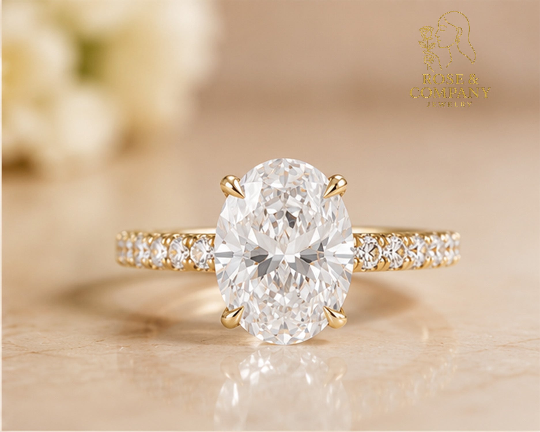 14K Gold Oval with Hidden Halo and Diamond Prongs