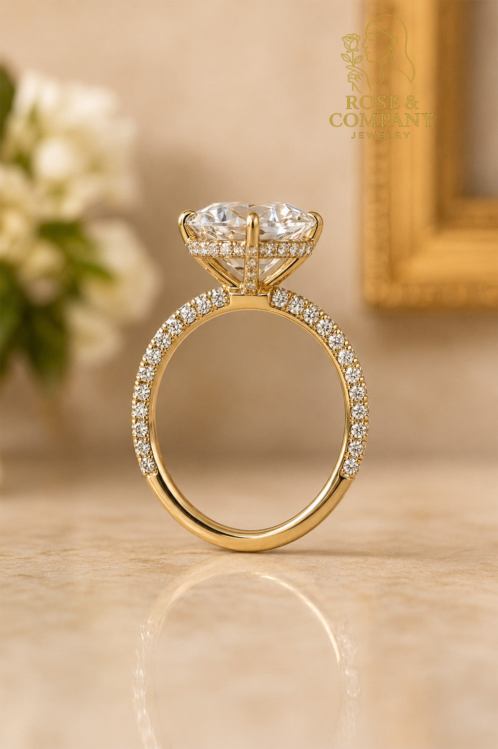 14K Gold Oval with Hidden Halo and Diamond Prongs