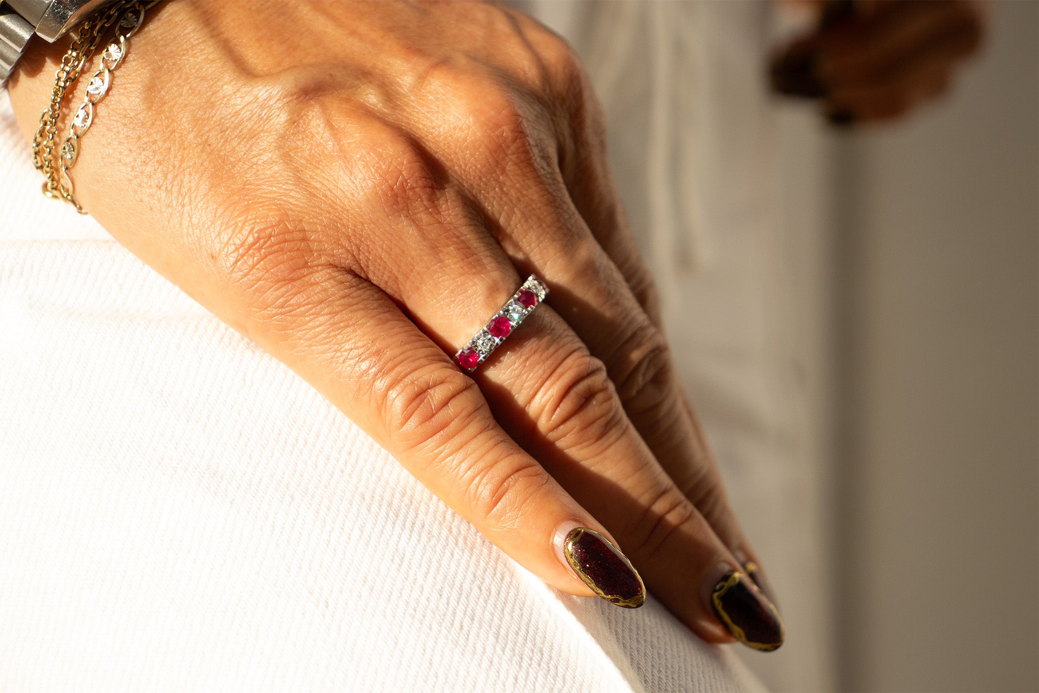 White Gold Band with Diamonds and Rubys