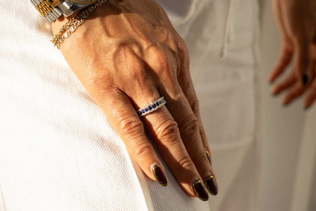 White Gold Natural Diamond and Sapphire Band