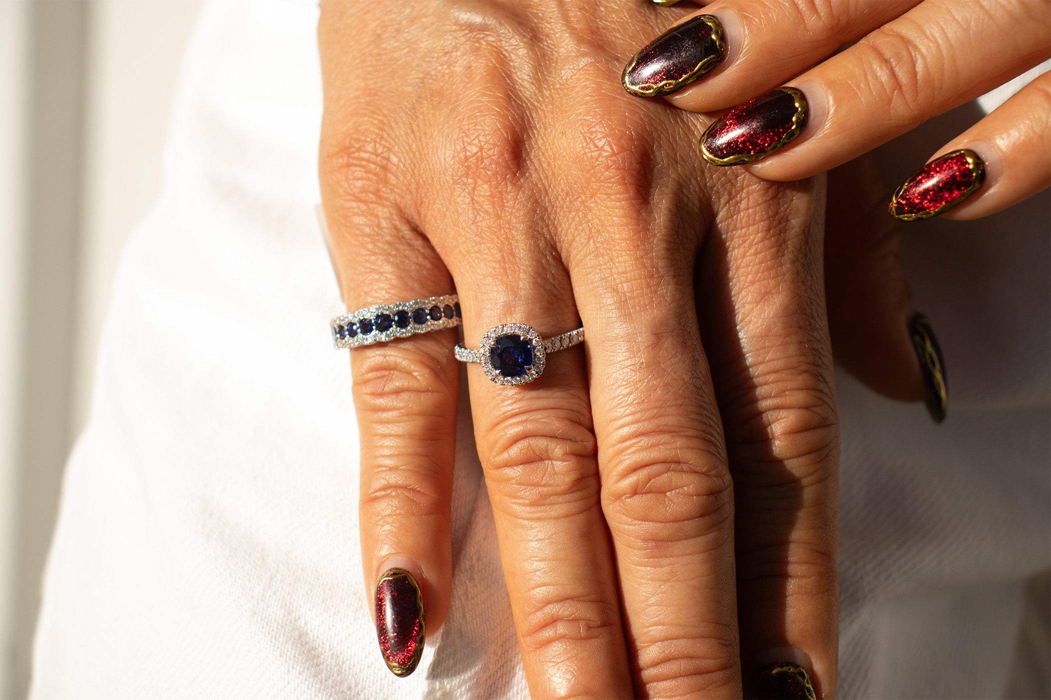 White Gold Natural Diamond and Sapphire Band